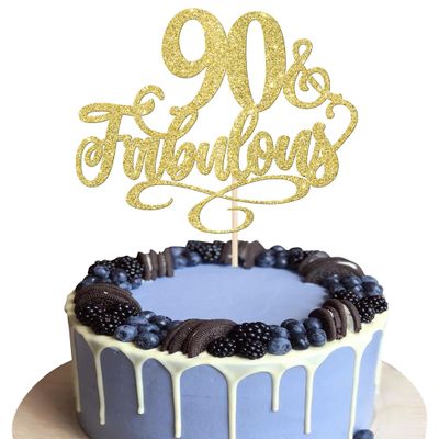 1 Pack 90 & Fabulous Cake Topper Assembled Glitter Ninety and Fabluous 90th Birthday Cake Pick for Cheers to 90 Years Old 90th Birthday Cake Decoration Theme Party Supplies Gold