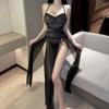 cxbyjyg Sexy underwear lace strapless see-through seductive pajamas sexy slit long dress halter lace uniform set Black view 2