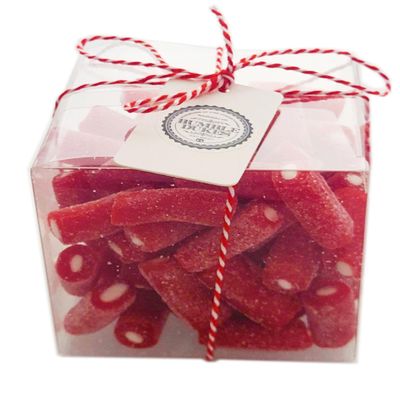 BUMBLEDUKES SWEETS GIFT CUBE: FESTIVE FROSTED STRAWBERRY & CREAM PIPES - RETRO CANDY BOX