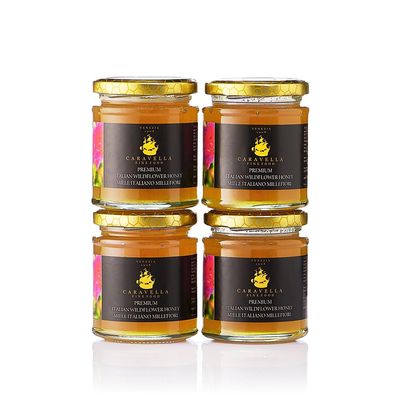 4x Wildflower Honey 250g Caravella Fine Food | Italian Raw Unpasteurized Summer Harvest | Creamy Floral & Fruity| Energy Boosting Vitamines & Antioxidants | Perfect for Tea Yogurt Picnics BBQ Glaze