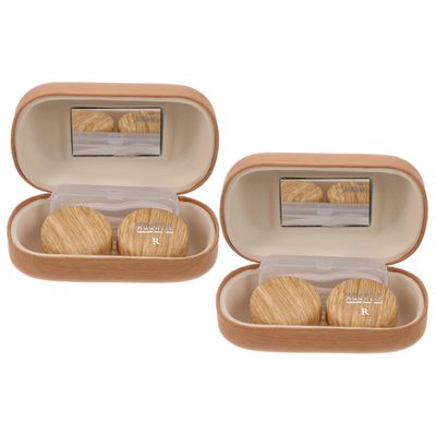 FRCOLOR Retro Leather Wood Grain Box Cosmetic Lens Organizer Portable Case for Girls Contacts Storage