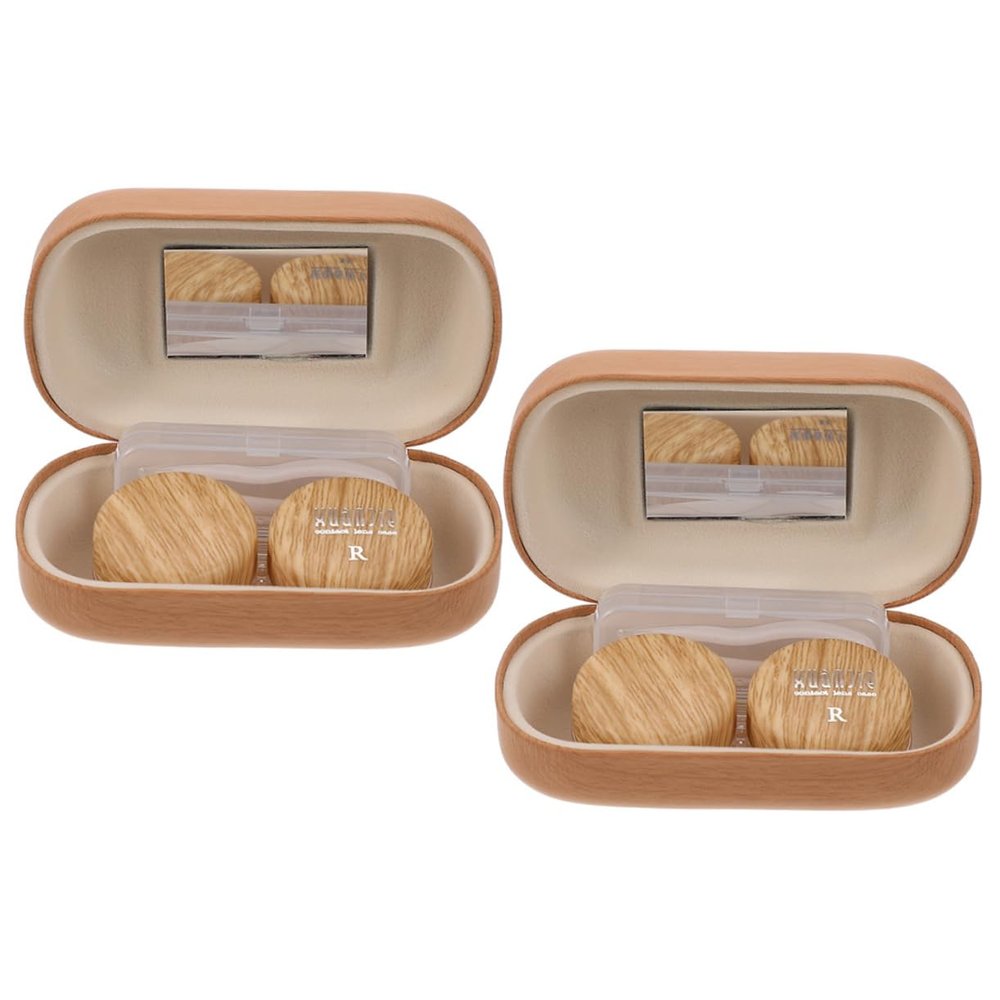 FRCOLOR Retro Leather Wood Grain Box Cosmetic Lens Organizer Portable Case for Girls Contacts Storage