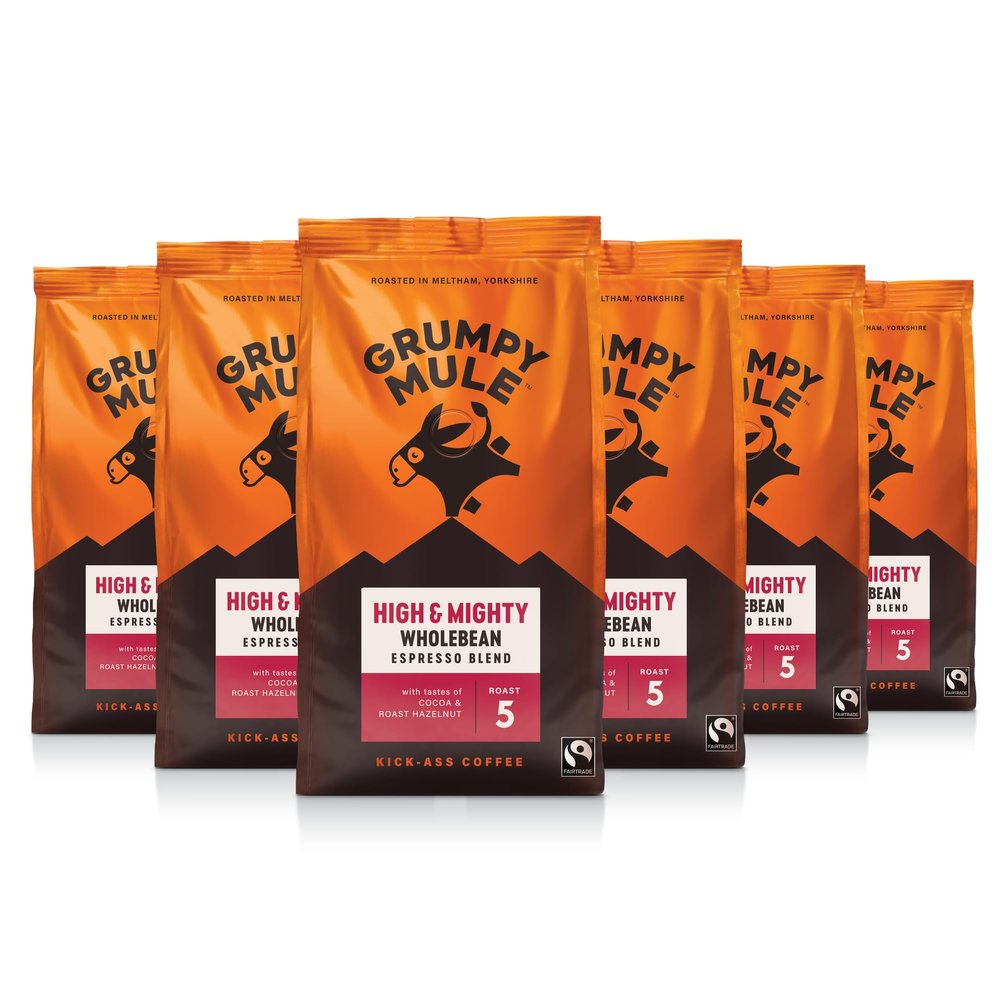 Grumpy Mule High and Mighty Espresso Blend Whole Coffee Beans with notes of Cocoa and Roast Hazelnut 200g (Pack of 6 - Total 1.2kg)