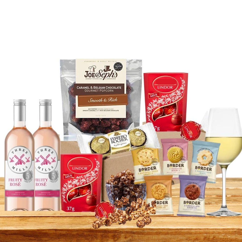 Chocolate Hamper & Ros Wine Gift Set- Ferreros Rochers, Almond Biscuits & Lindts Lindor Assorted Truffles and Popcorn- Valentine's Day- Mothers Day Gift Hamper