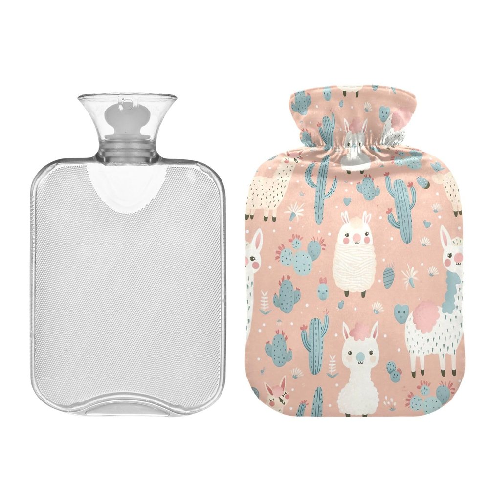 1L Large Hot Water Bottle with Soft Cover, Cute Cartoon Llamas and Cactus Transparent Hot Water Bags for Hot and Cold Compress, Menstrual Cramps, Neck and Shoulder Pain Relief