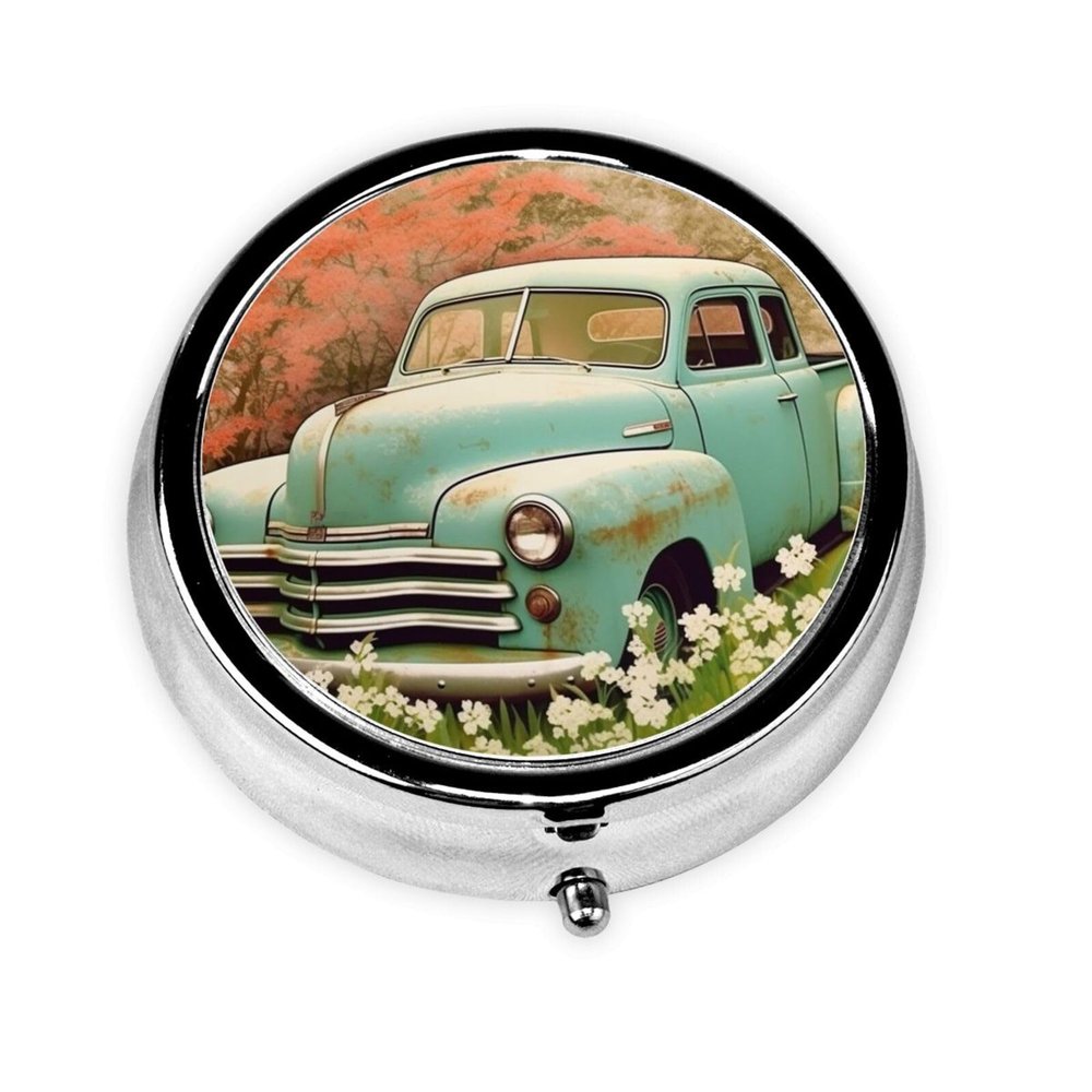 Pill Box 3 Compartments Round Pill Organizer Spring Retro Car Pill Case for Purse Portable Travel Pillbox Metal Small Pill Container for Daily Medicine Supplement Vitamin