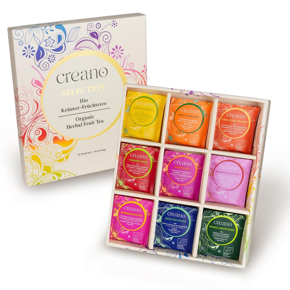 Creano Organic Herbal & Fruit Tea Box 9 Unique Caffeine-Free Varieties 45 Tea Bags Healthy Fruit & Herb Infusions for Daily Wellness*
