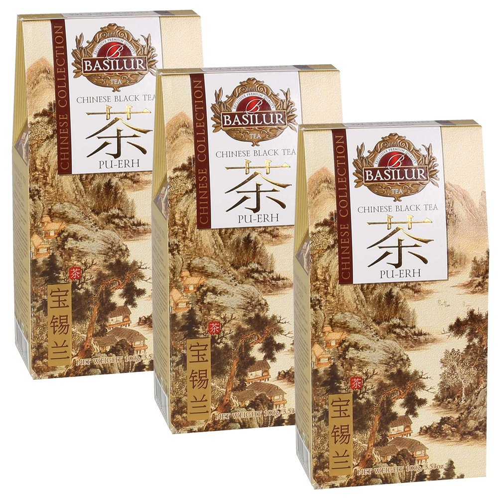 BASILUR Chinese Black Tea - Pu Erh Tea Chinese Red Tea with a Smoky Flavor and Aroma 100 g (x3)