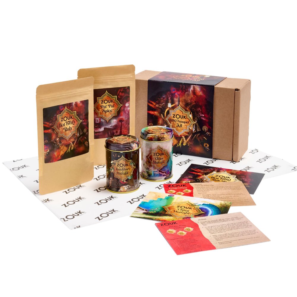 Zouk Barbecue Banquet Kit | Hot BBQ Rub, Tandoori Masala, Chaat Masala, & Piri Piri Spice Mix | BBQ Gifts | Spice Gift Set