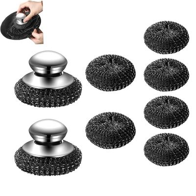 Stainless Steel Wool Scrubber with Handle,Heavy Duty Dish Scrubber Pot Scrubbers Cleaning Brush with Replacement Scrubber Head for Pots,Pans,Grills,Sink(2 Scrubber+6 Replacement Head)