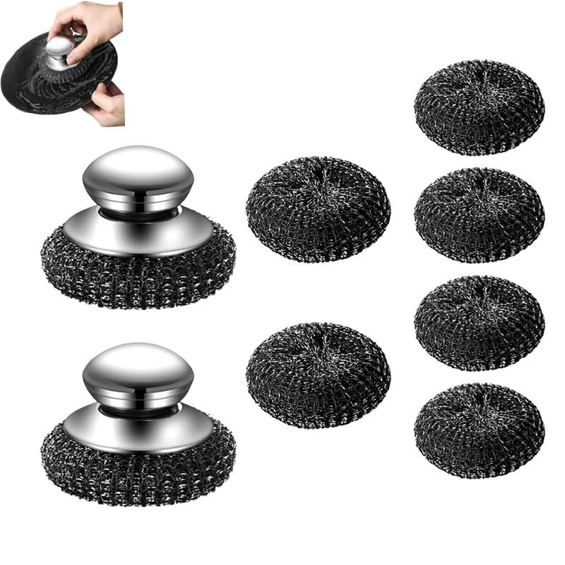 Stainless Steel Wool Scrubber with Handle,Heavy Duty Dish Scrubber Pot Scrubbers Cleaning Brush with Replacement Scrubber Head for Pots,Pans,Grills,Sink(2 Scrubber+6 Replacement Head)