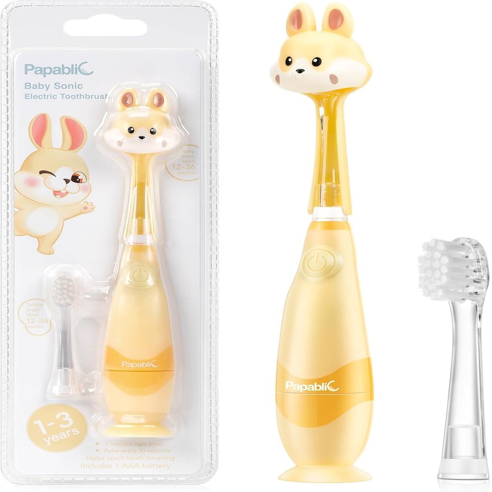 Papablic Toddler Sonic Electric Toothbrush for Ages 1-3 Years, Baby Electric Toothbrush with Cute Rabbit Cover and Smart LED Timer, 2 Brush Heads (Rabbit)