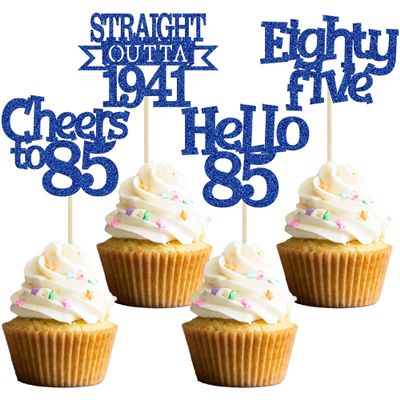 Ephlyn 24Pcs 85th Birthday Cupcake Toppers Glitter Straight Outta 1940 Cupcake Picks Hello 85 Cheers to 85 Years Cake Decorations for 85th Birthday Anniversary Party Decorations Supplies Blue