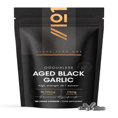 Black Garlic Extract 18,750mg - Fermented & Aged - Standardised 7.5mg Polyphenols - 180 Vegan Capsules (6 Months Supply) by Alpha01