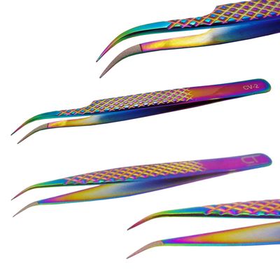 2-PCs Eyelash Tweezers Set with Fiber Tip Lash Tweezers for Extensions, Straight, Curved, Individual, Russian Volume, Isolation Stainless Steel Rainbow (2-PCs Curved)