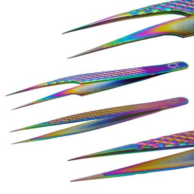 2-PCs Eyelash Tweezers Set with Fiber Tip Lash Tweezers for Extensions, Straight, Curved, Individual, Russian Volume, Isolation Stainless Steel Rainbow (2-PCs Straight)