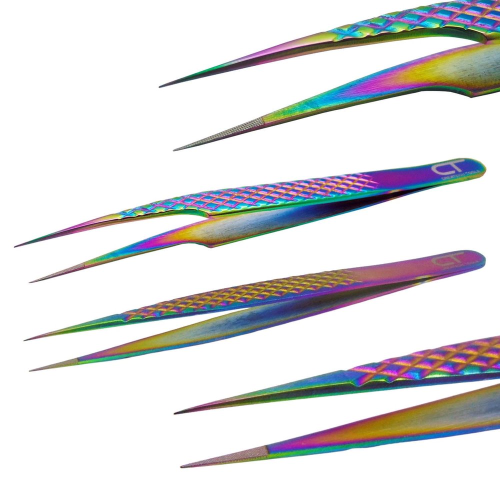 2-PCs Eyelash Tweezers Set with Fiber Tip  Lash Tweezers for Extensions, Straight, Curved, Individual, Russian Volume, Isolation  Stainless Steel Rainbow (2-PCs Straight)