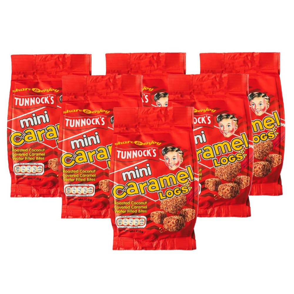 Tunnock's Mini Caramel Logs Pouch, Roasted Coconut Caramel Wafer Biscuits, 150g (6 Pack)