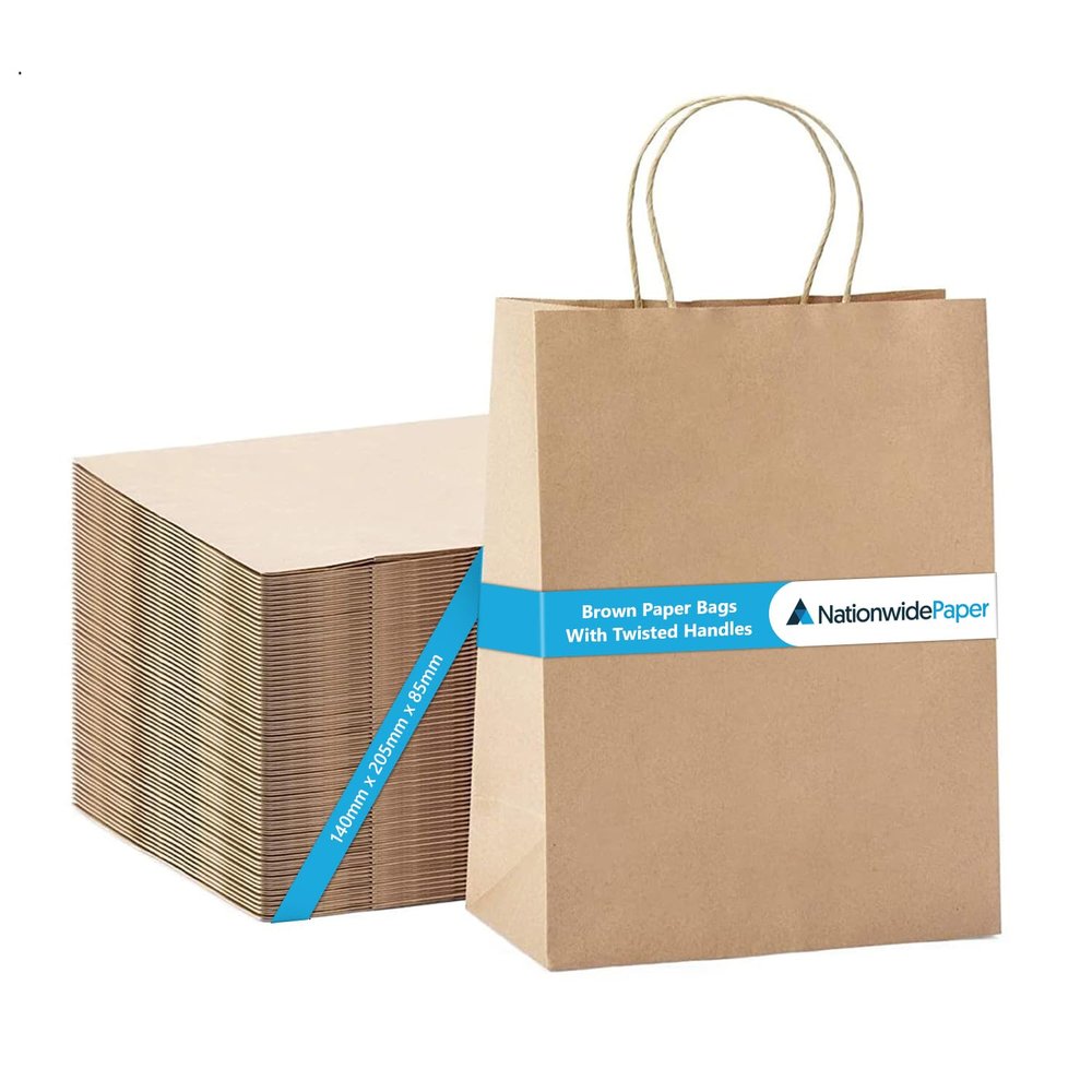 Nationwide Paper 100 Brown Kraft Party Paper Bag with Twist Handles, Extra Small Paper Bag, Biodegradable, DIY, Party, Shopping, Gifting, Grocery, Wedding, Birthday (13.3x20.3x9.5cm)