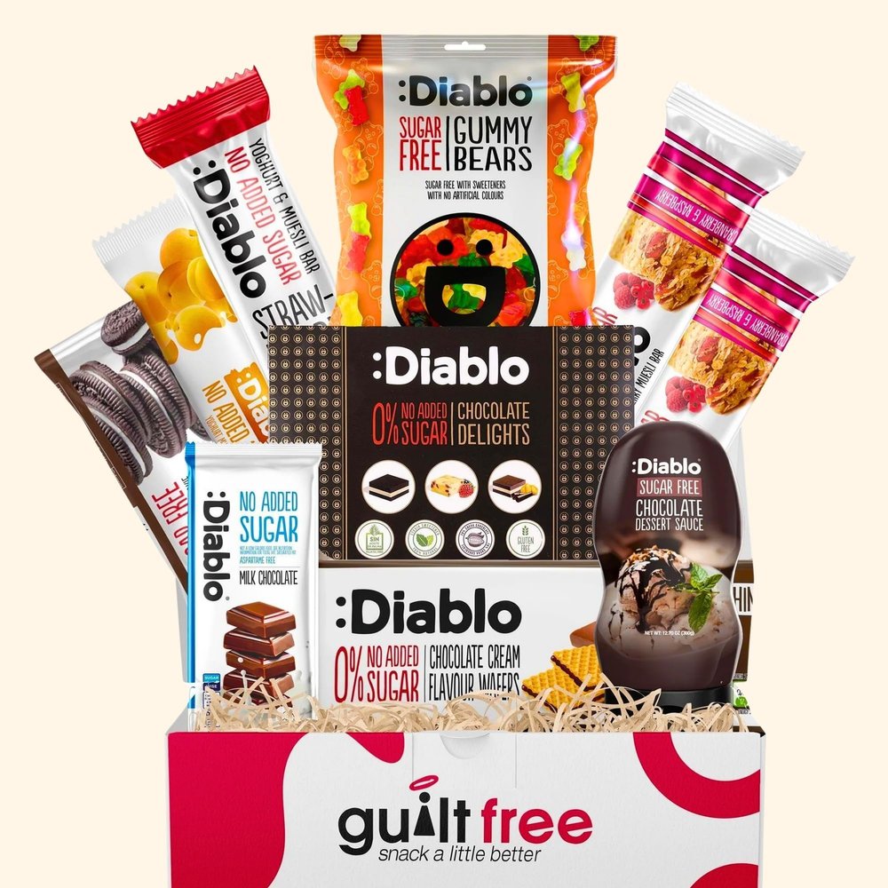 GuiltFree Assorted Sugar Free Snacks Gift Hamper Box - No Added Sugar Sugarfree Healthy Snack Selection Box include Chocolate, Sweets, Sauce, Bar, Gummy, Wafer, Yoghurt Bar Delight Treat