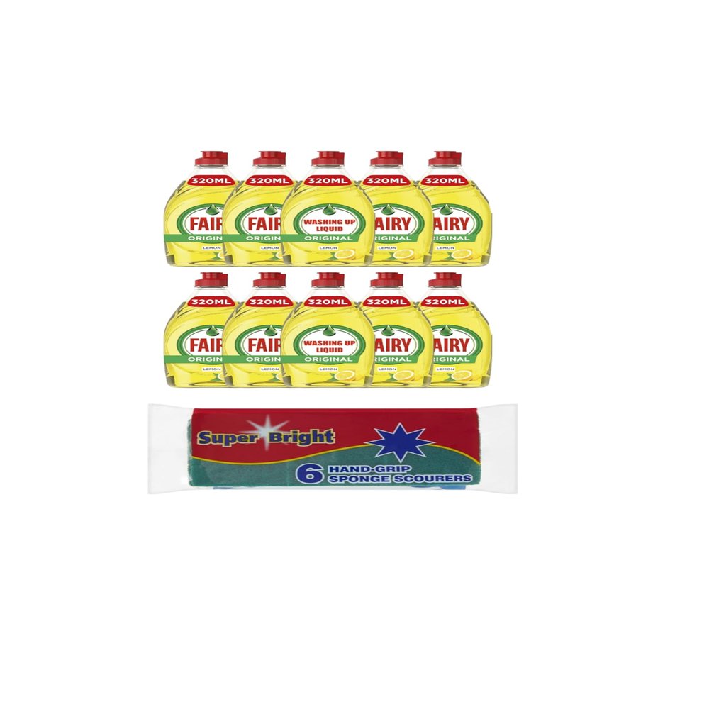 Faairry Washing Up Liquid Lemon with LiftAction 320ml (Pack of 10) & Super Bright 6 Hand-Grip Sponge Scourers | Ultimate Dishwashing Combo for Effortless Cleaning