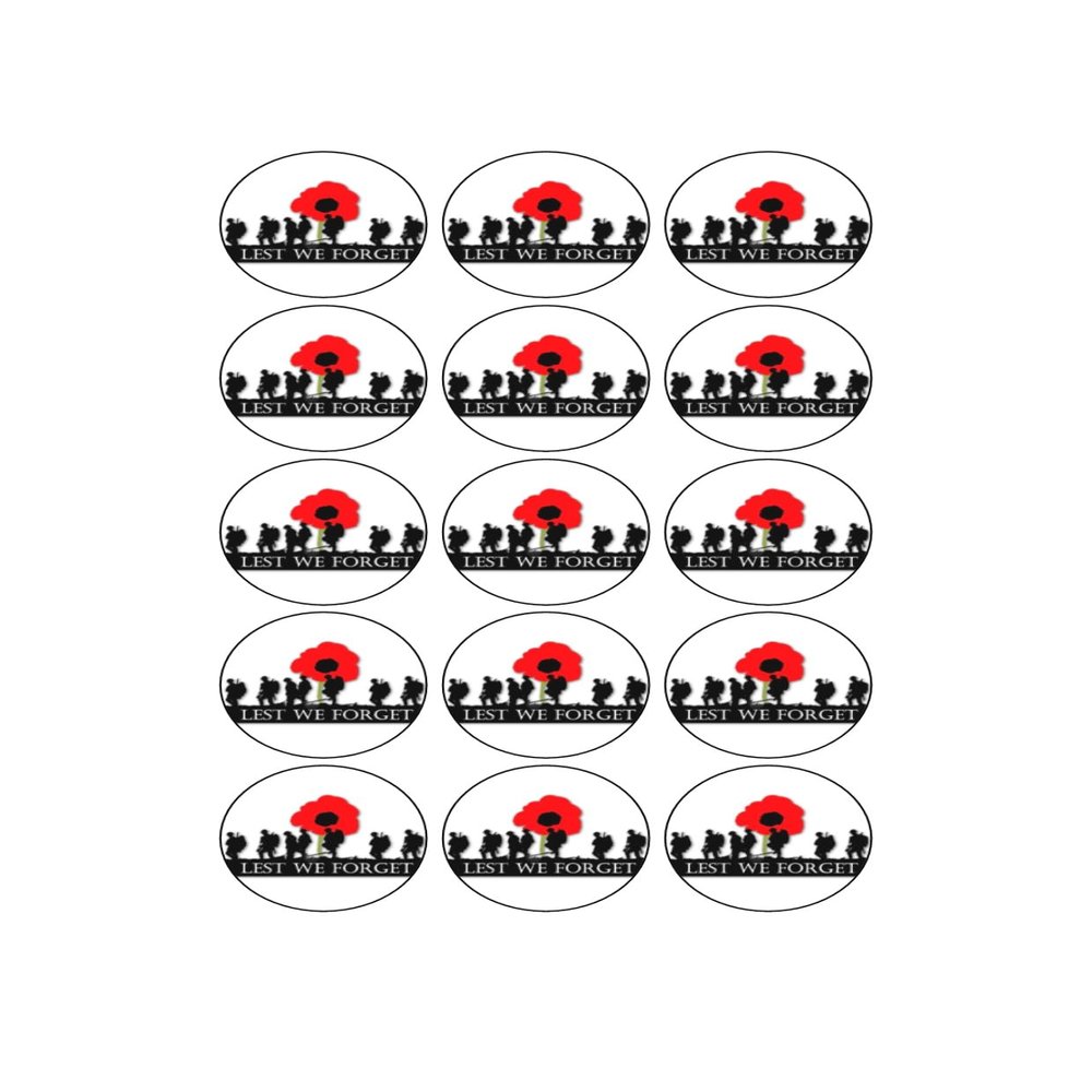 15 x Lest We Forget Edible Wafer or Icing Cupcake Toppers Remembrance Day Party Cake Decorations Perfect For Brownies Cookies Muffins & More! (Edible Wafer Card)