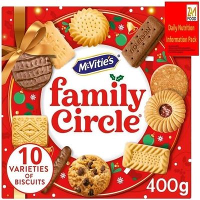 McVitie's Family Circle 10 premium varities Assortment of Creams, Chocolate, Jam and other Sweet Biscuits 400g Perfect for Gifting on Christmas, Mum, & Dad by zamfoods nutrition info book (1 box)