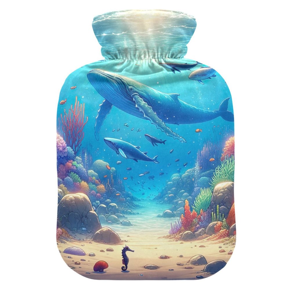 Ocean Wonders Blue Hot Water Bottle with Soft Cover Hand Feet Warmer Hot Water Bag for Menstrual Cramps, 2 Liters