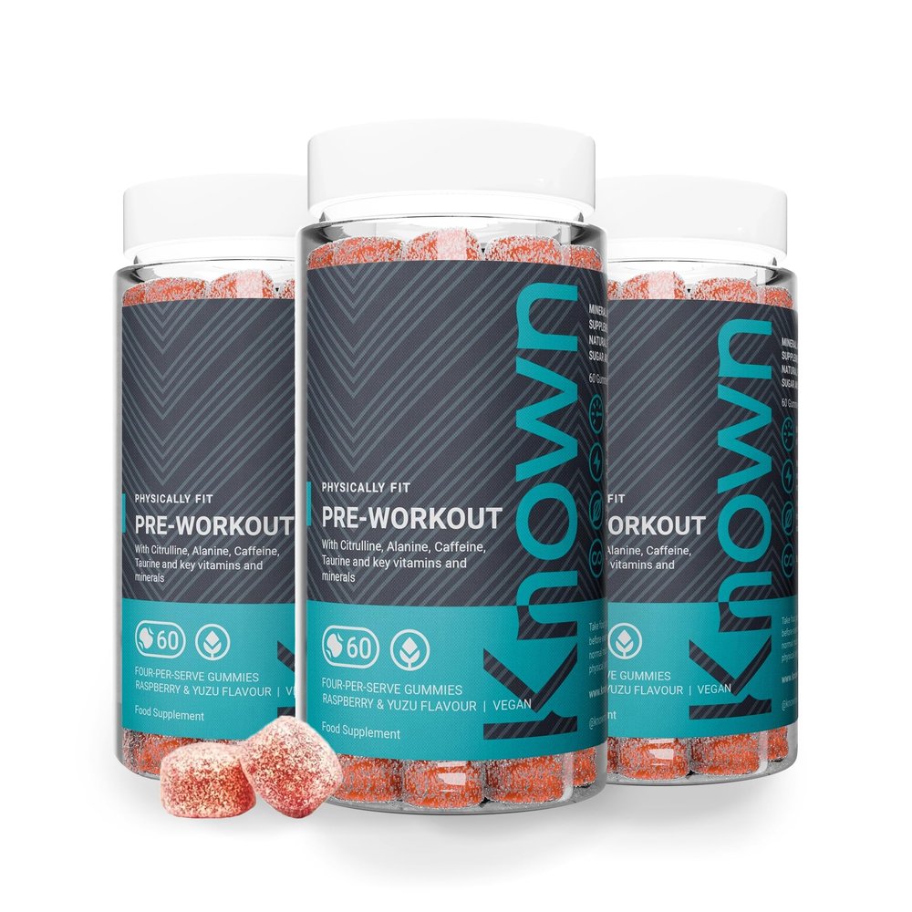 Known Pre-Workout Gummies  Raspberry & Yuzu Flavour  Vegan Gummy Supplement  Caffeine, Taurine, Citrulline, Alanine & Vitamins D3, B3, B6, C  Energy, Focus & Endurance  45 Servings  Men & Women