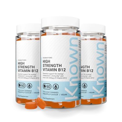 Known Delicious High-Strength Vitamin B12 Gummies - 500g B12 for Energy Support - Natural Pineapple Flavour - 60 Vegan Gummies, 3 Months Supply