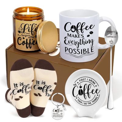 iAOVUEBY Coffee Lover Gift Set, Coffee Gift Basket Includes Coffee Mug Spoon Rest Holder Coffee Socks Keychain, Coffee Gift Box Gift Idea for Women Men