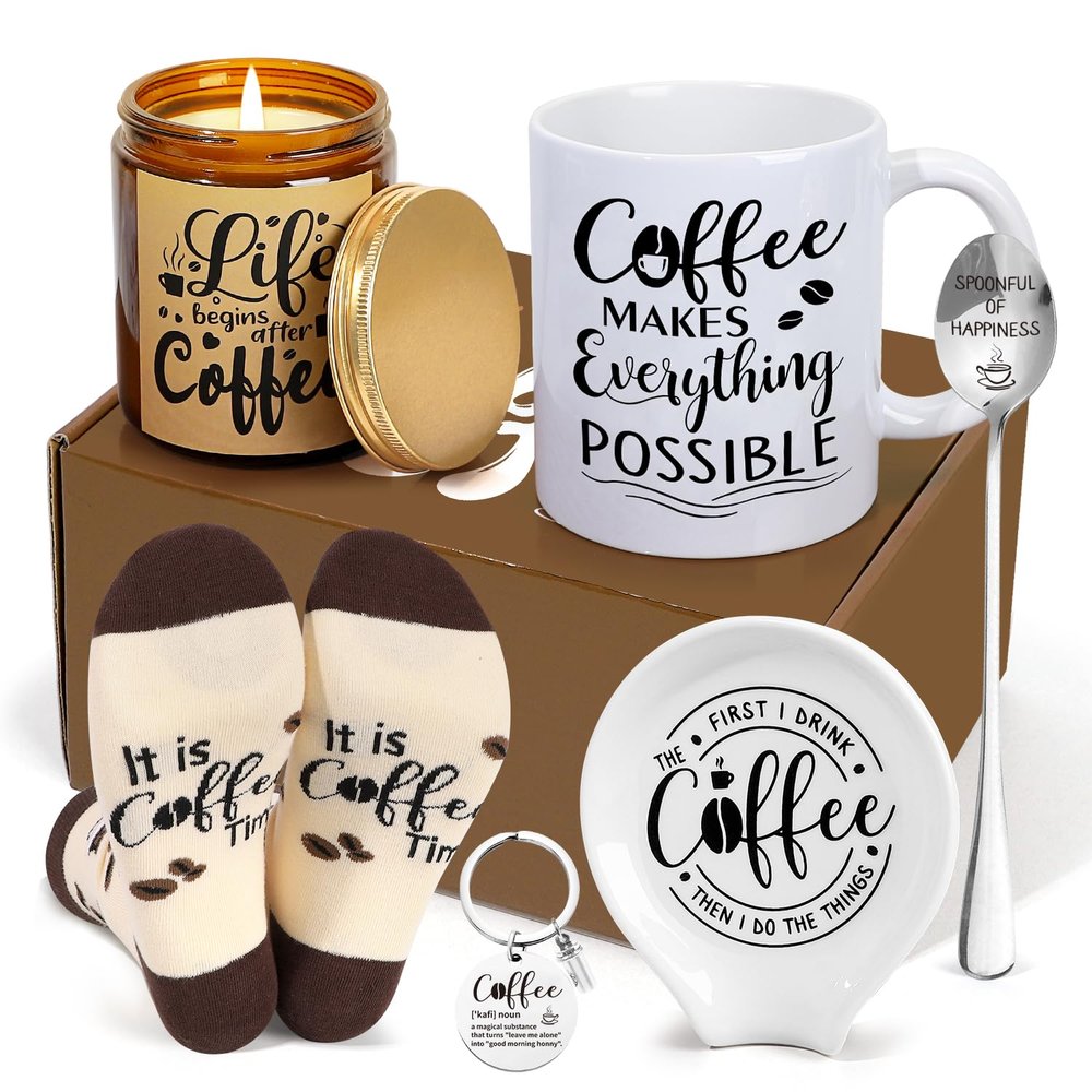 iAOVUEBY Coffee Lover Gift Set, Coffee Gift Basket Includes Coffee Mug Spoon Rest Holder Coffee Socks Keychain, Coffee Gift Box Gift Idea for Women Men