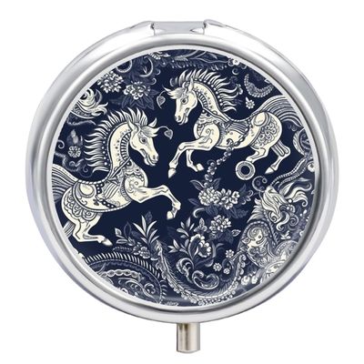 Round Pill Box Chinese Horse Pattern Printed 3 Compartment Small Pill Case Portable Travel Pill Container to Hold Supplements Vitamins Fish Oil Medication