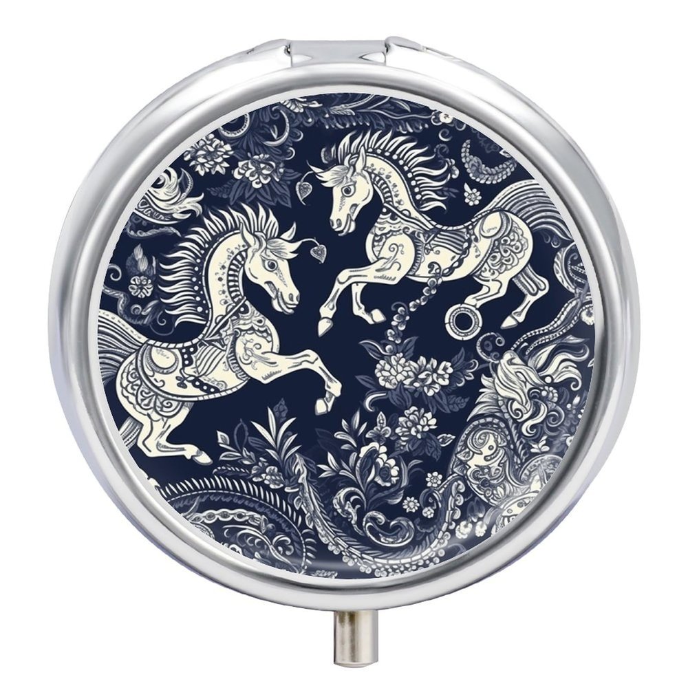 Round Pill Box Chinese Horse Pattern Printed 3 Compartment Small Pill Case Portable Travel Pill Container to Hold Supplements Vitamins Fish Oil Medication