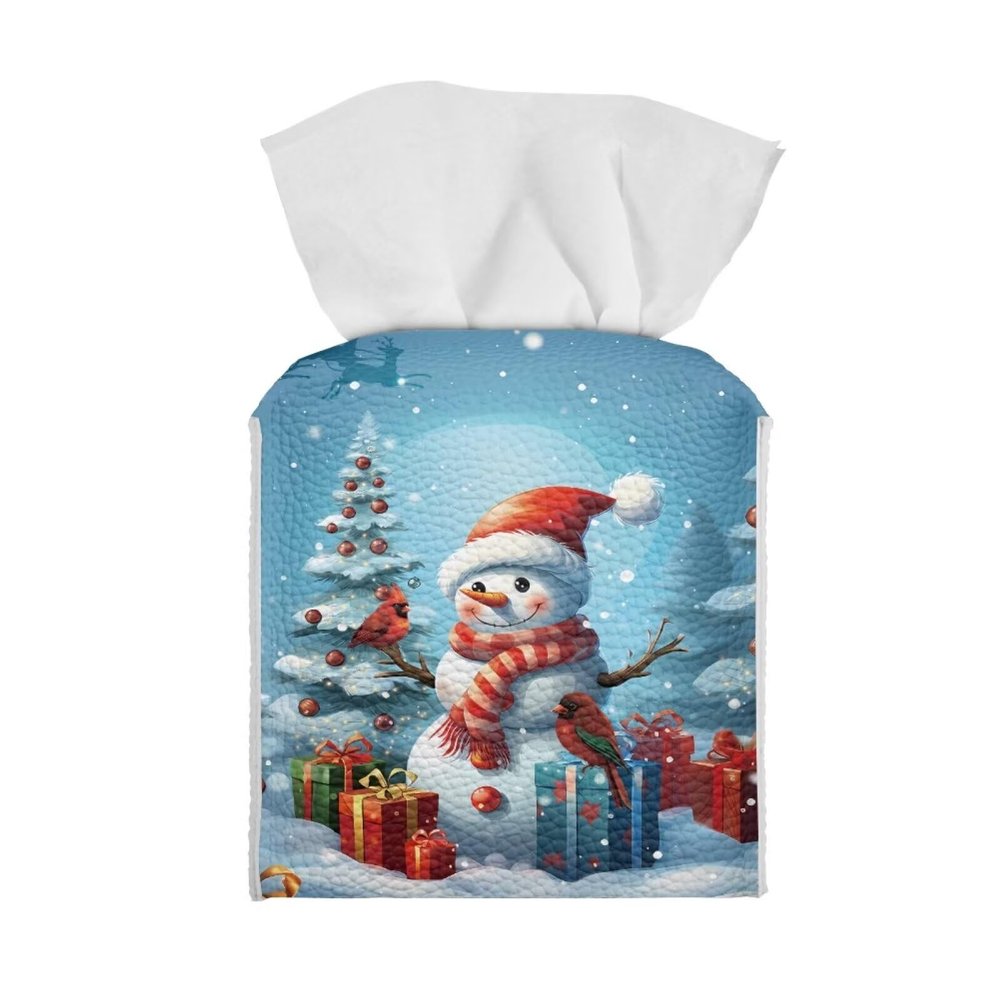 AFPANQZ 3D Snowman Tissue Box Cover Leather PU Modern Square Tissue Box Holder for Bathroom Bedroom Napkin Holder Case Foldable Facial Paper Organizer Dispenser