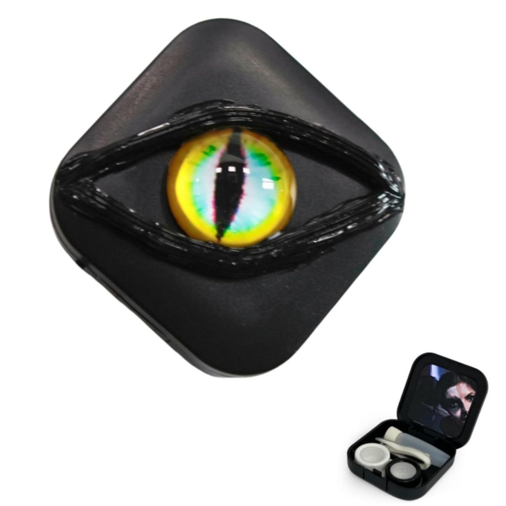 Contact Lens Cases, Halloween Scary Eye Personality Contact Storage Box, with Mirror, Tweezers & Suction Stick,No Contain Contact Lens,Travel Portable Lens Organizer BoxD (Yellow)