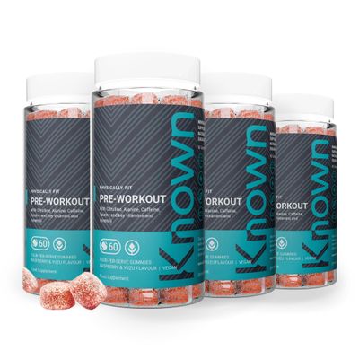 Known Pre-Workout Gummies  Raspberry & Yuzu Flavour  Vegan Gummy Supplement  Caffeine, Taurine, Citrulline, Alanine & Vitamins D3, B3, B6, C  Energy, Focus & Endurance  60 Servings  Men & Women