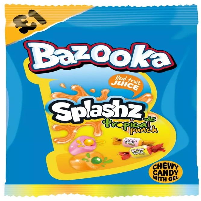 Bazooka Splashz Tropical Fruit Chewy Candy with Gel, (120g x 6 Bags)