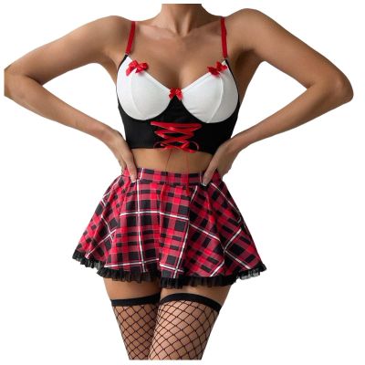 Women's Lace Up Side Mesh Underwire Sexy Lingerie Teddy Bodysuit with Leg Rings Christmas Lingerie Costume Red Bra and Panty Set for Role Play Pajamas Cozy