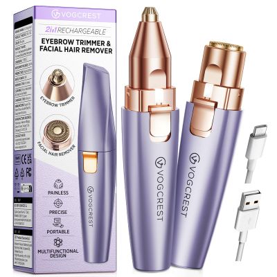 VG VOGCREST Eyebrow Facial Trimmer: 2 in1 Rechargeable Facial Hair Removal and Eyebrow Shaver - Face Lips Body Painless Facial Razor with Built-in LED Light (Purple)