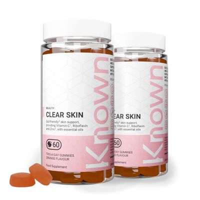 Known Tasty Clear Skin Gummies - with Vitamin C, Zinc & Gut-Friendly Bacteria - Supports Skin - Natural Orange Flavour - 60 Gummies, 2 Months Supply