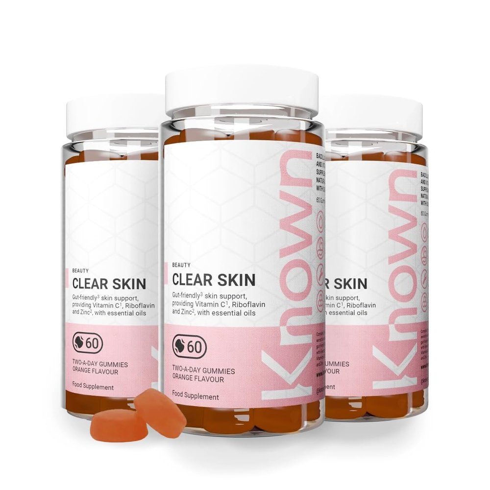 Known Tasty Clear Skin Gummies - with Vitamin C, Zinc & Gut-Friendly Bacteria - Supports Skin - Natural Orange Flavour - 60 Gummies, 3 Months Supply
