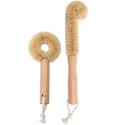 2PCS Wooden Cleaning Brush, Brush Scrub Head for Pan Bottle Deep Cleaning Washing, Coconut Fiber & Oak Wooden Natural, Sturdy Eco-Friendly