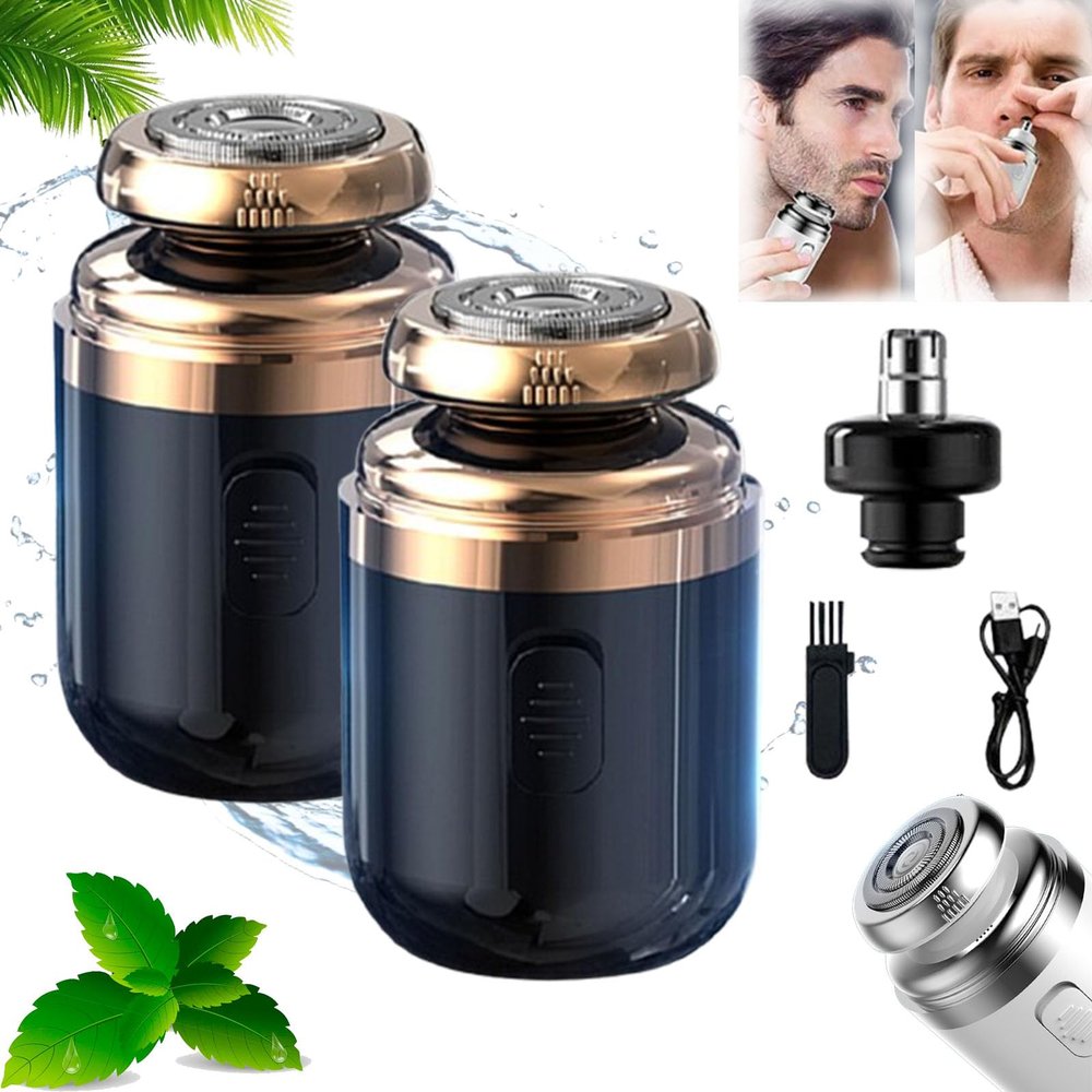 2-in-1 Portable Mini Capsule Shaver, Capsule Razor Mini Portable Electric Shaver, Mini Electric Shaver Capsule Shaver for Men with Nose Hair Cutter Head Washable Travel Shaver (Black-2pcs)