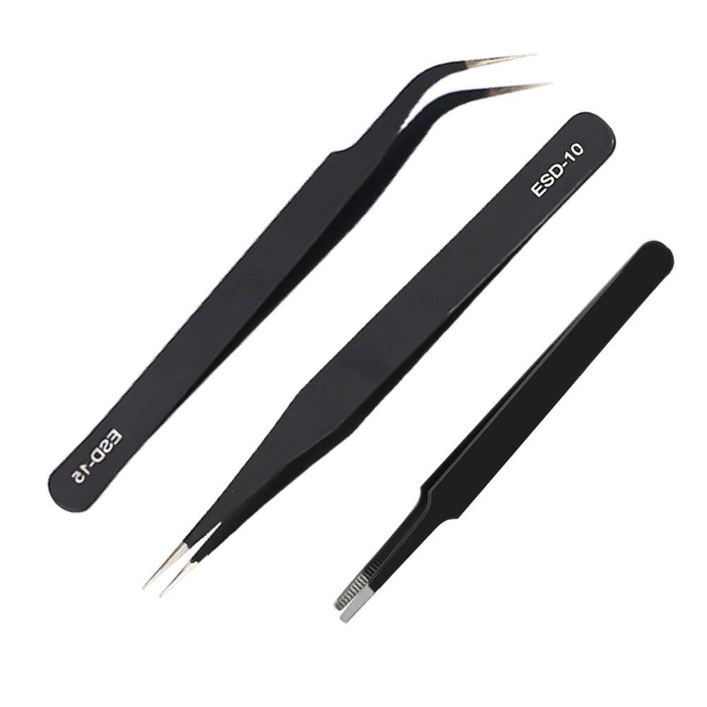 2 Pcs ESD Precision Tweezers Stainless Steel Anti-Static Computer Electronic Repair Jewelry Laboratory Precision Work Tweezers with 1 Reduce