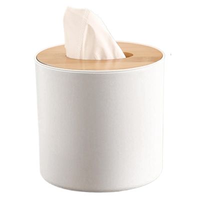 Round Tissue Box with Bamboo Lid Decorative Waterproof Toilet Paper Roll Cover for Bedroom, Dinner Table, Office,Kitchen Bathroom Tissue Box Cover, Toilet Paper Roll Cover, Round Tissue Box