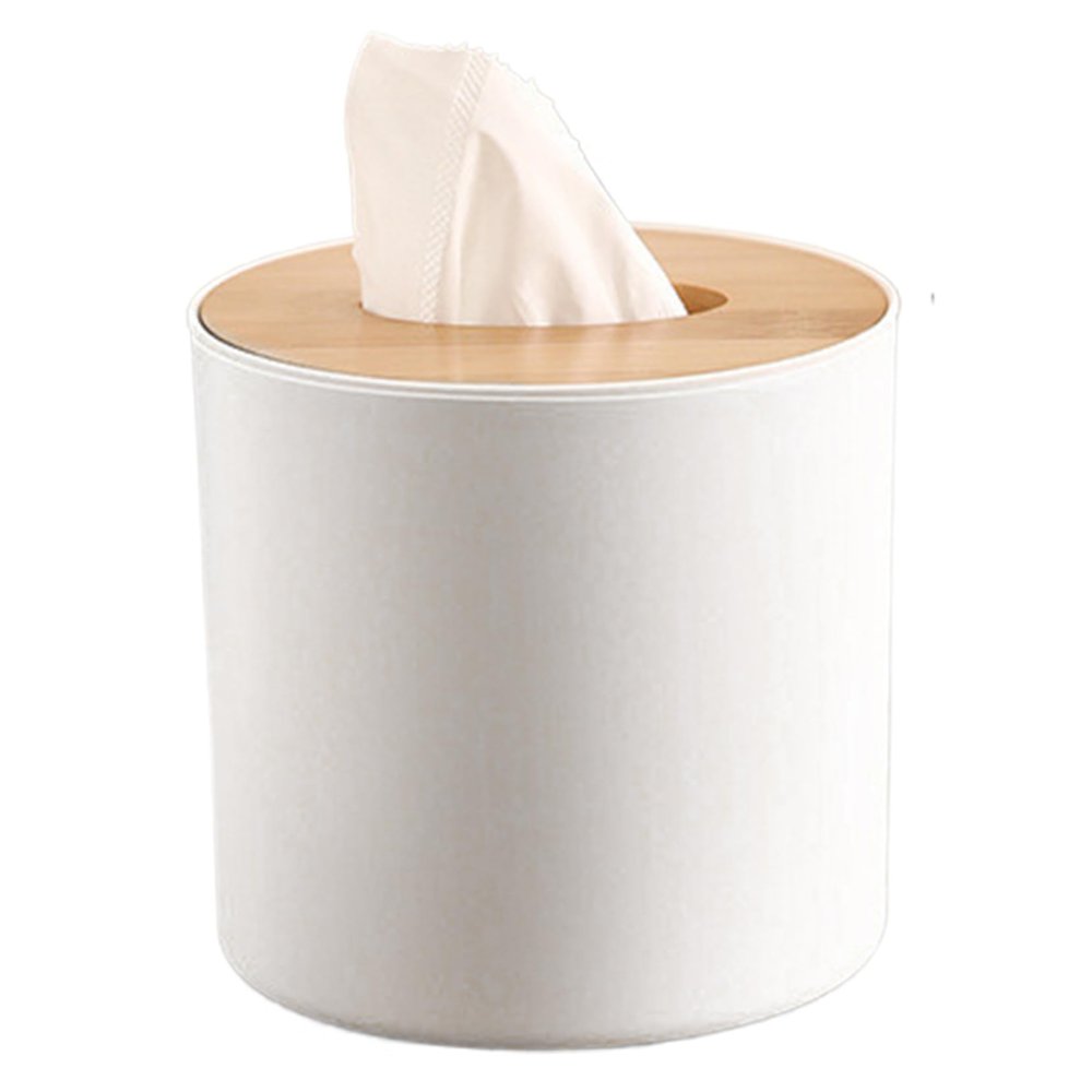 Round Tissue Box with Bamboo Lid Decorative Waterproof Toilet Paper Roll Cover for Bedroom, Dinner Table, Office,Kitchen Bathroom Tissue Box Cover, Toilet Paper Roll Cover, Round Tissue Box