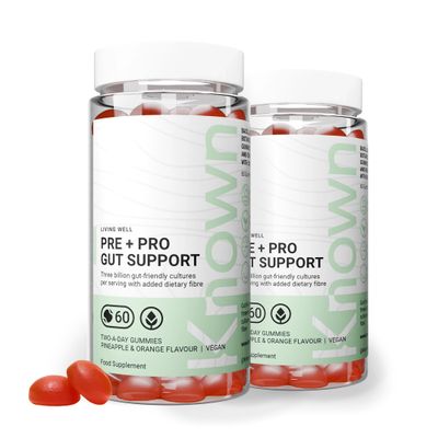 Known Tasty Pre+Pro Gut Support Gummies with CFU Bacillus Coagulans - Natural Pineapple & Orange Flavour - 60 Two-a-Day Vegan Vitamin Gummies, 2 Month Supply