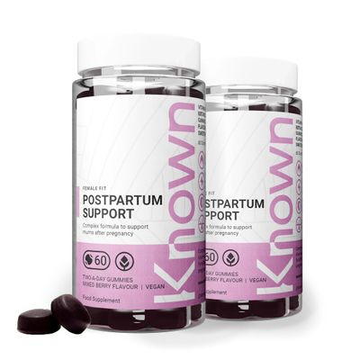 Known Postpartum Support Gummies  Mixed Berry Flavour  Vegan Multivitamin Gummy Supplement with Iron, Biotin, Choline & Vitamins  Post Pregnancy Recovery & Energy  2 Month Supply  for Women