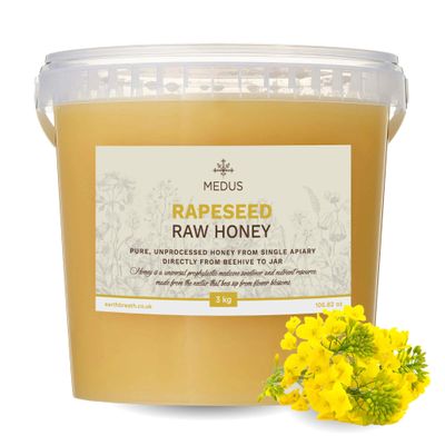 Earthbreath Rapeseed Raw Honey - 3kg - Pure, Unprocessed, Unpasteurised - From Single Apiary - Natural Healthy Sweetener for Cooking, Coffe, Tea, Juice, Drinks, Food | Oilseed Canola